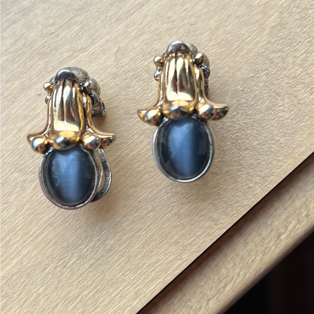 Vintage Blue Cat’s Eye stone set in white and yellow gold plated post earrings